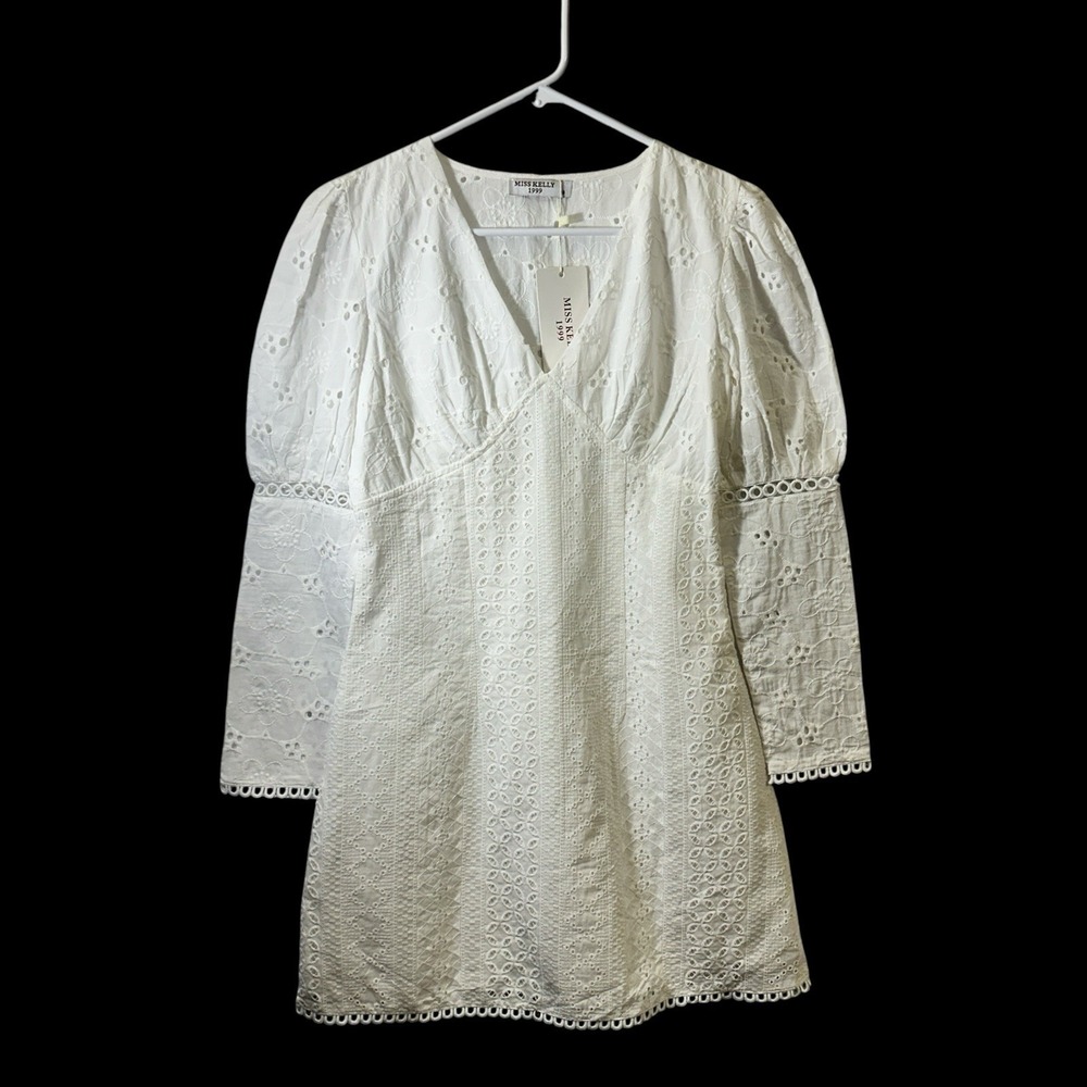 Miss Kelly 1999 Dress S White Eyelet Embroidered Cotton Puff Sleeve NWT